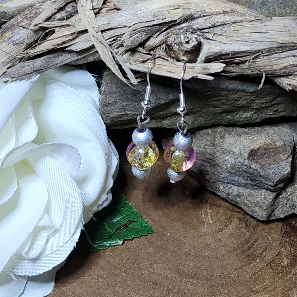 Hand Crafted Dangle Earrings With Pink & Yellow Crackled Glass & Silver Balls